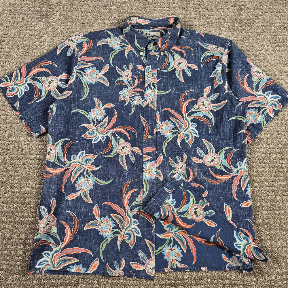 Reyn Spooner Shirt Mens XL Indigo Blue Aloha Reverse Print Hawaiian Button Down